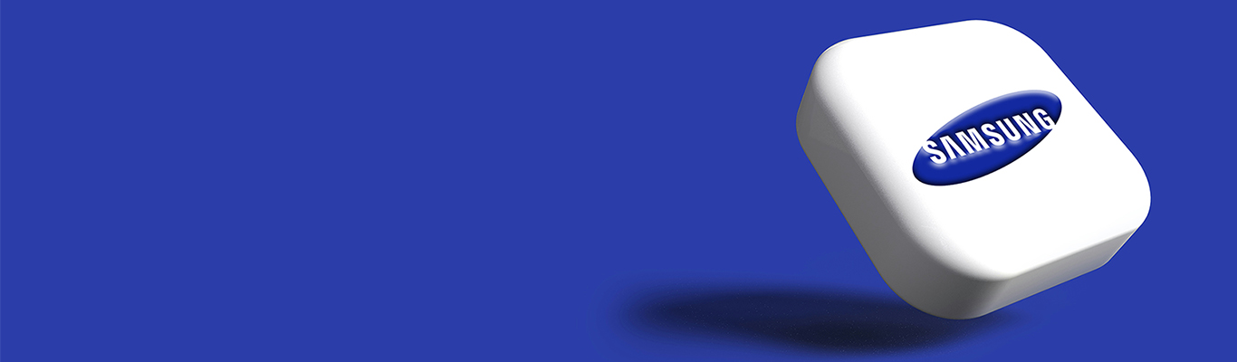 3D object with Samsung logo on a blue background