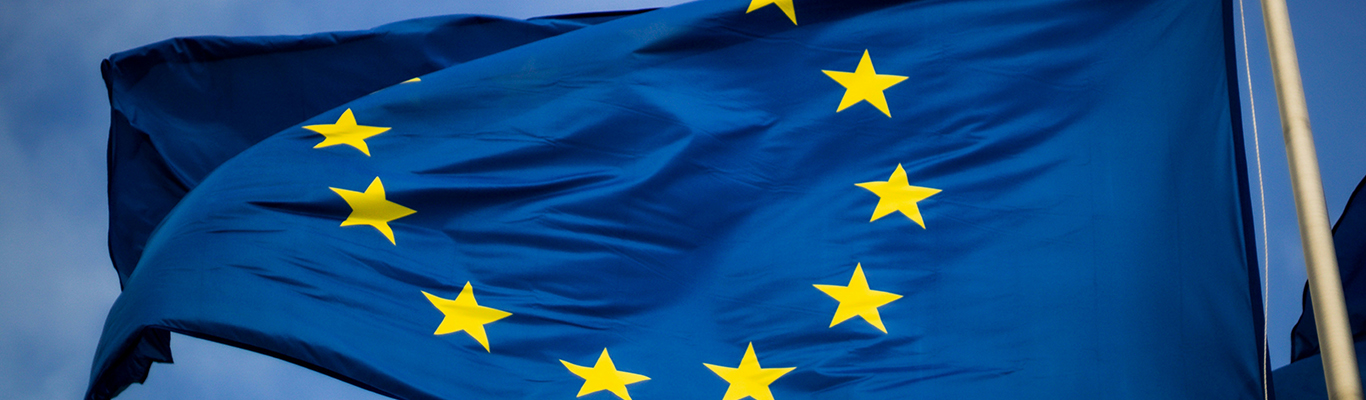 Close-up of European Union flag waving in the wind
