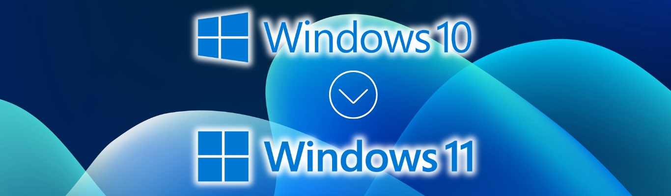 Windows 10 to Windows 11 migration graphic with blue gradient background and transition arrow